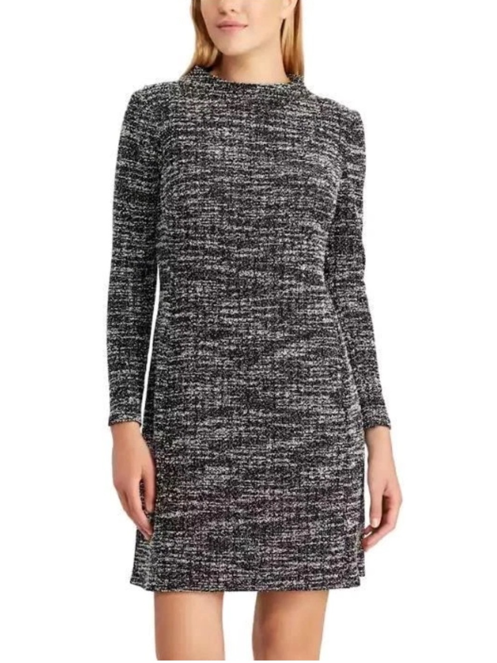 Chaps Boucle Black & White Mock Neck Shift Dress